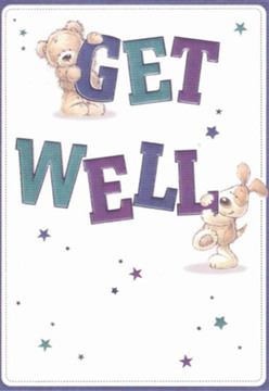 This Surrey Quays get well card unfolds a scene filled with warmth and gentle optimism, reminiscent of a thoughtful bouquet arranged just off Redriff Road. Two whimsical companions-a cuddly teddy bear with softly detailed fur and a relaxed puppy with expressive, drooping ears-engage playfully atop a pure white background. Each character supports or hugs the bold, confident letters that spell 'Get Well,' rendered in deep purples and serene teals, immediately drawing the eye and uplifting the mood. Interspersed between them, twinkling star motifs of varying blues and violets evoke both magical hope and the crisp clarity of a new morning in Surrey Quays. The tactile impression of their fur, the rounded contours of their shapes, and the artful scattering of stars combine to offer sensory reassurance-an emotional balm as comforting as a fresh floral arrangement from a local shop. The entire composition is suffused with sincerity, as if designed by someone attuned to the needs of the neighbourhood, bringing together innocence and cheerful encouragement in a single heartfelt gesture. Whether sent to a friend on Canada Water's edge or beyond, this card delivers a message of healing and support, mirroring the nurturing care found in every bouquet crafted by the team at Florist Surrey Quays.